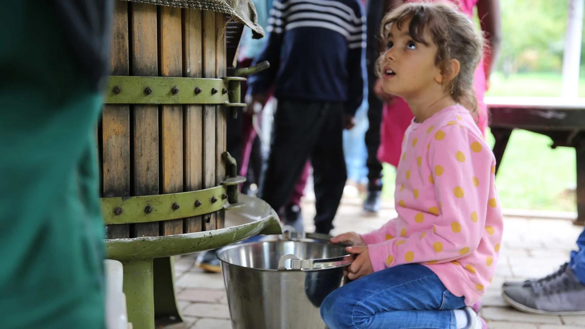 Ausflug zum Apfelhof: Selbstgekelterter Apfelsaft wird aus der Obstpresse in einen Eimer geleitet.