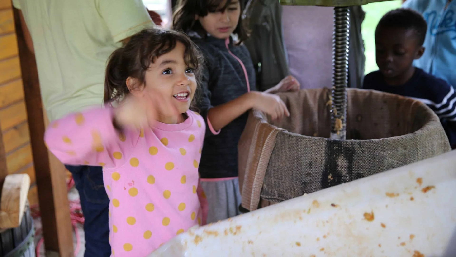 Ausflug zum Apfelhof: Alle Kinder beobachten gespannt, wie die Äpfel in der Presse gepresst werden.