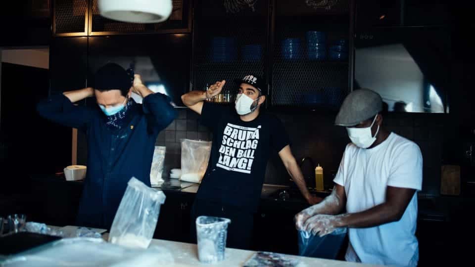 Action meal baking. The team in action. 