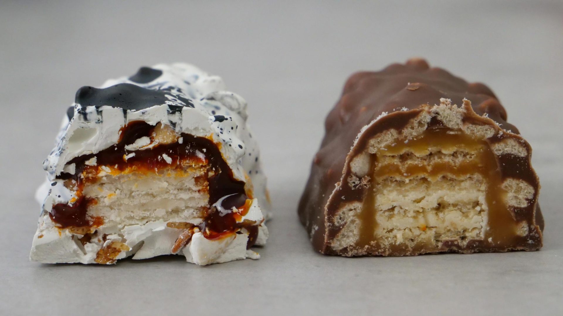 White and brown candy bar in cross section