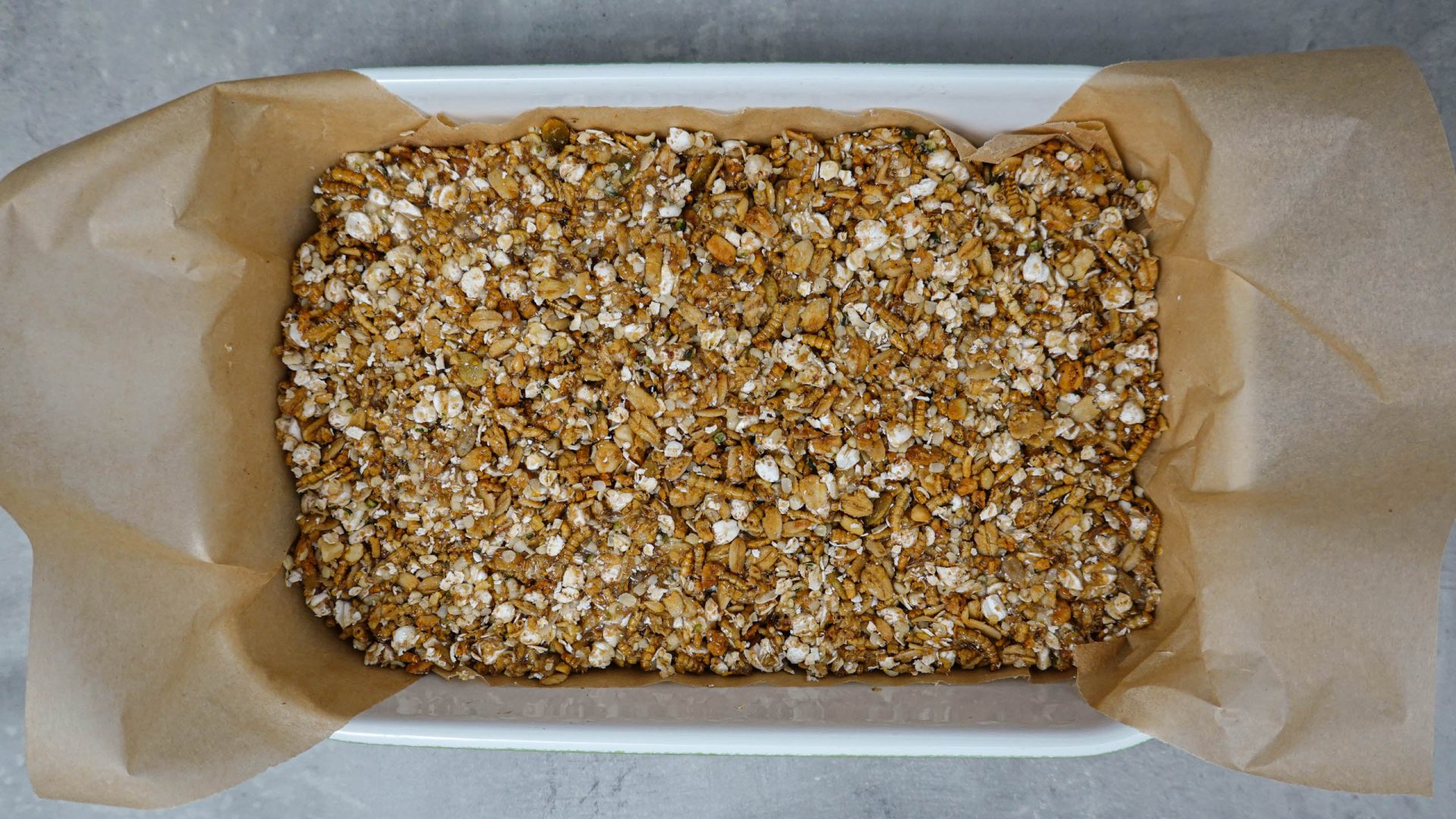 The mixture for the crispy bar in a baking dish