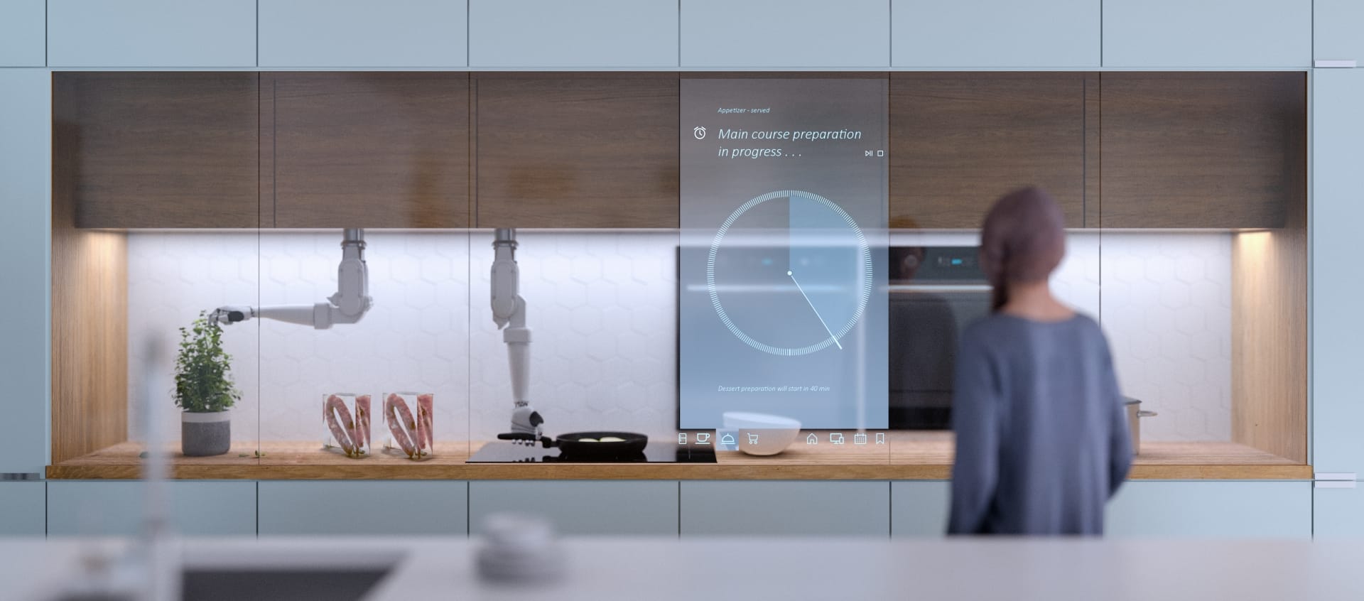 A kitchen from the future with robotic arms and sausage facts on the counter