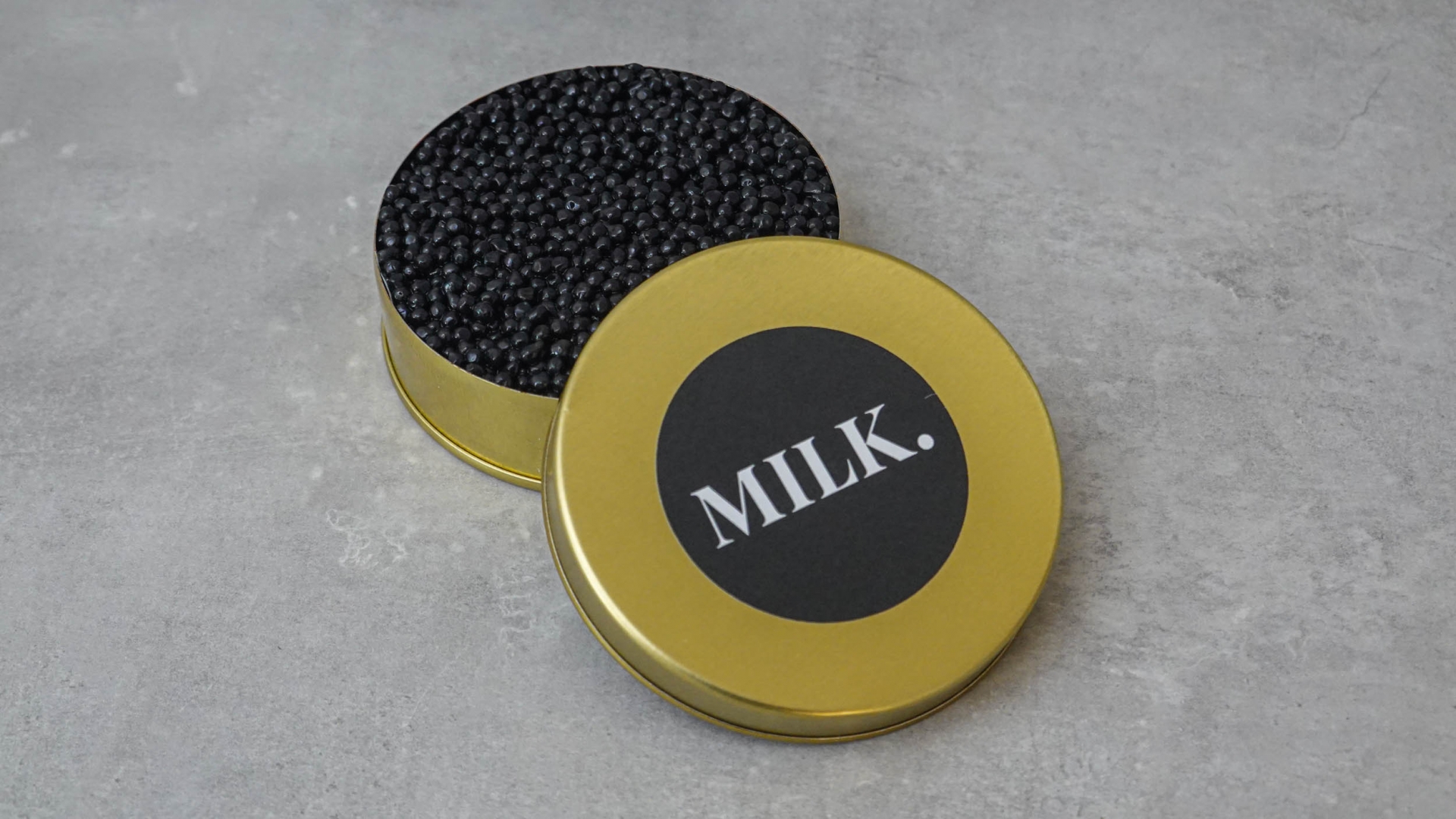Our vegan caviar in a classic aluminum can with black MILK. sticker.