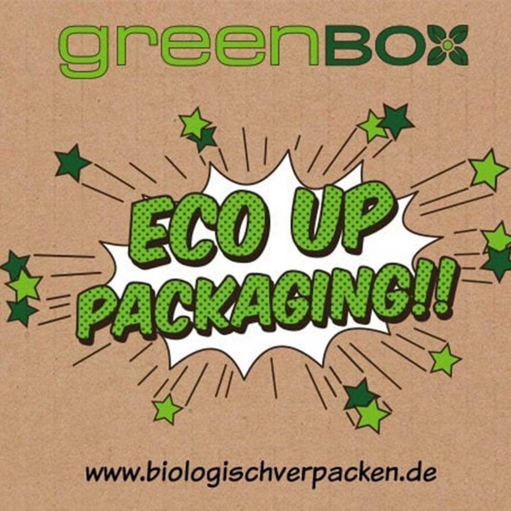 Das Logo von greenbox mit dem Claim "Eco Up Packaging!"