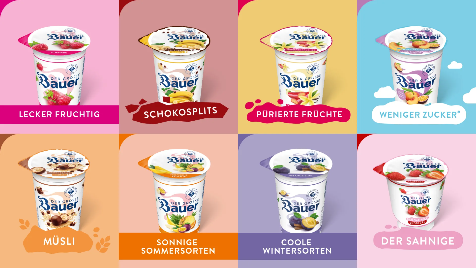 Neue Design für alle Bauer Joghurtsorten und Verpackungsgrößen