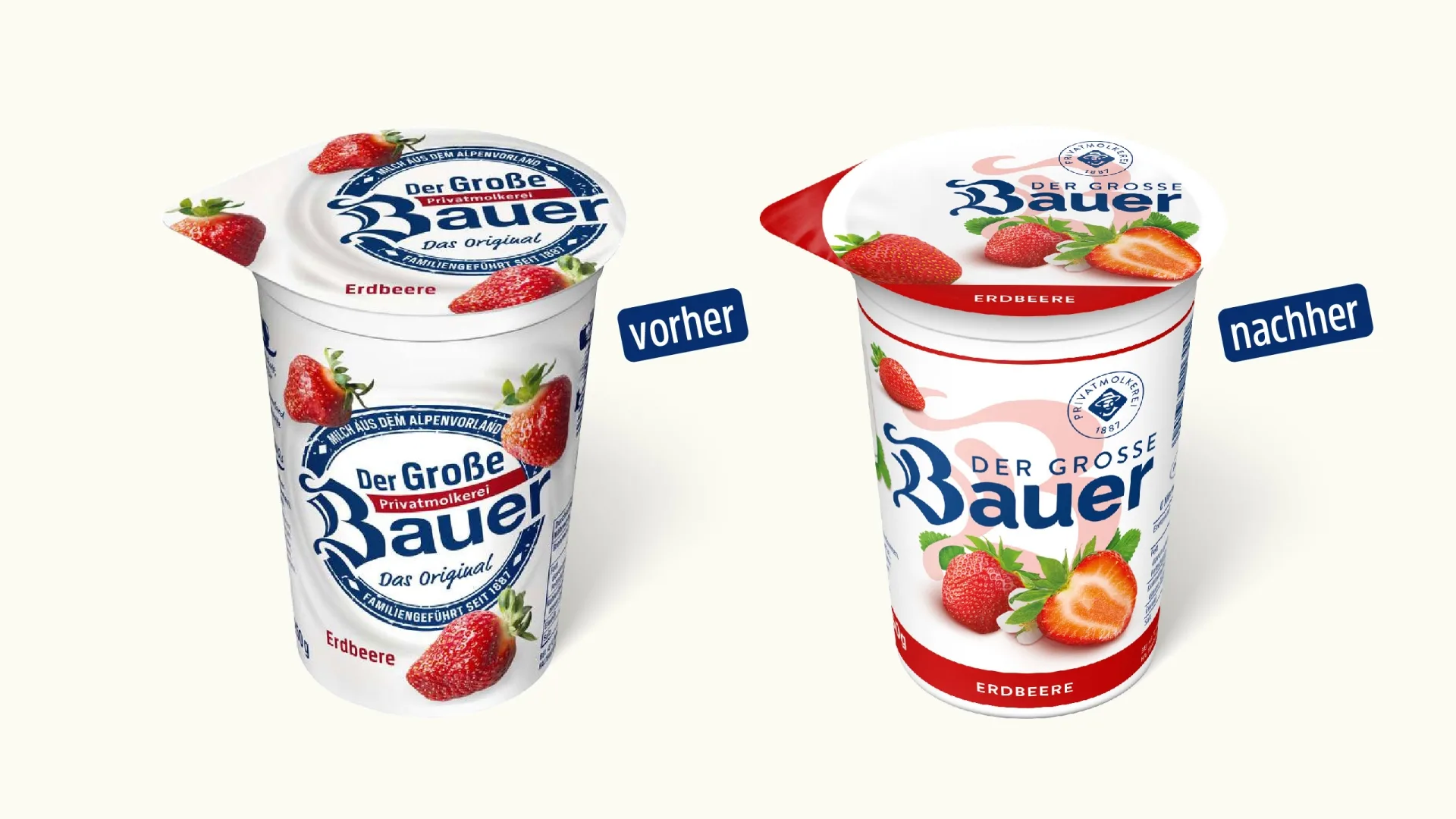 vergleich zwischen dem alten und dem neuen bauer joghurtdesign