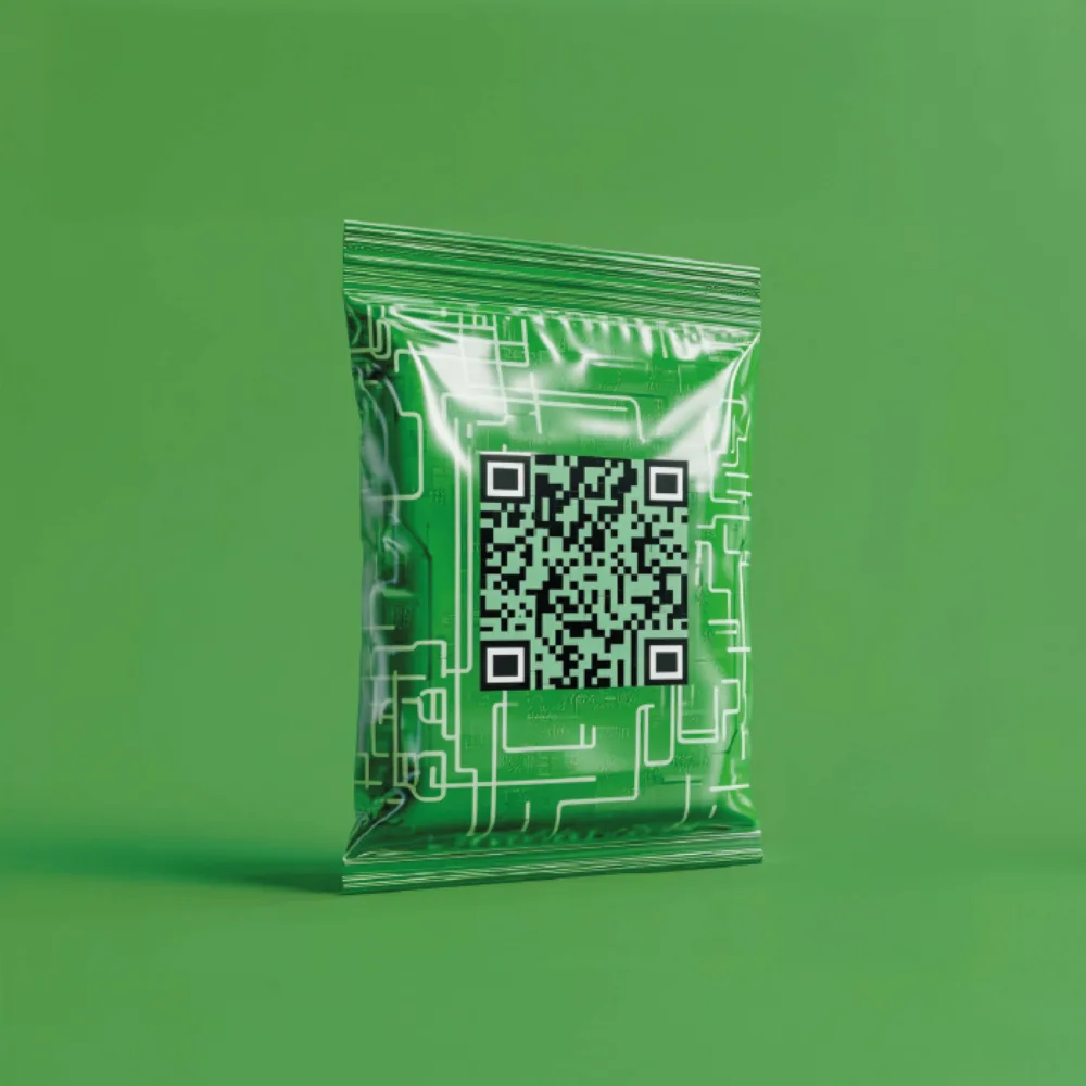 Eine grüne Snacktüte mit schaltkreisähnlichen Mustern und einem großen schwarz-weißen QR-Code in der Mitte, vor einem passenden grünen Hintergrund.